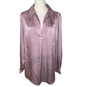 Ophelia Roe Women’s XL Satin Blouse Purp Snakeskin Animal Print Button Down Long